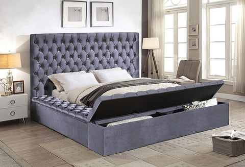 IF 5790 - Gray Velvet Fabric Bed with 3 Storage Bench