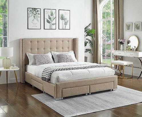 IF 5328 - Double - Beige Fabric Wing Bed with Nailhead Details