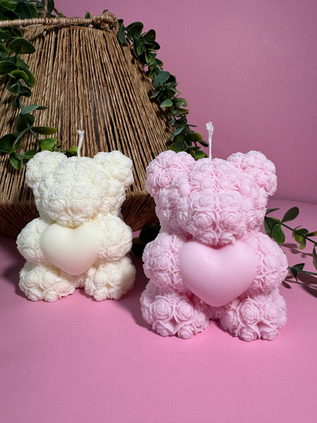 Bear Hug Candle - Handcrafted Soy Wax Teddy Bear Candle with Roses Design