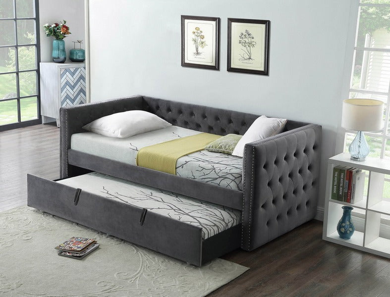IF 305 - Single / Single Day Bed with Trundle - Grey Velvet
