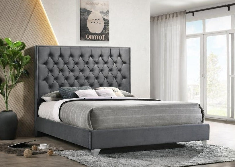 IF 5215 - Bed - Grey Velvet - Lit - Velours Gris DRAFT