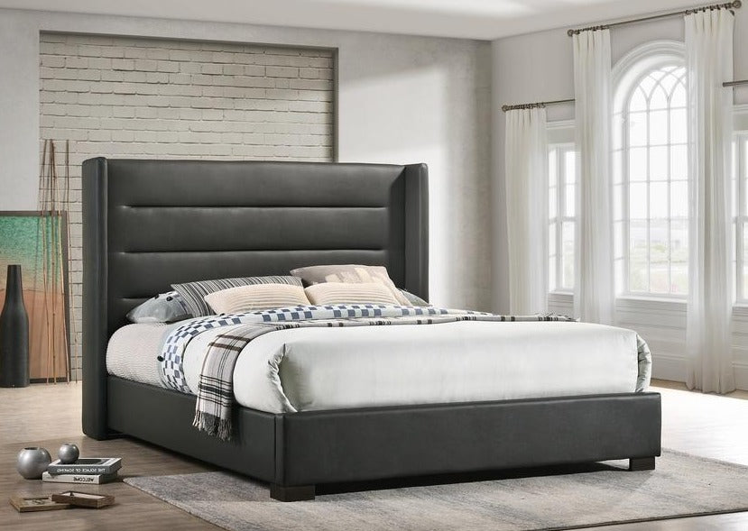 IF 5242 - Grey PU Wing Bed with Horizontal Tufted Panels - King size / Tres Grand Lit