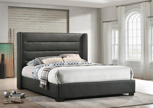 IF 5242 - Grey PU Wing Bed with Horizontal Tufted Panels - King size / Tres Grand Lit