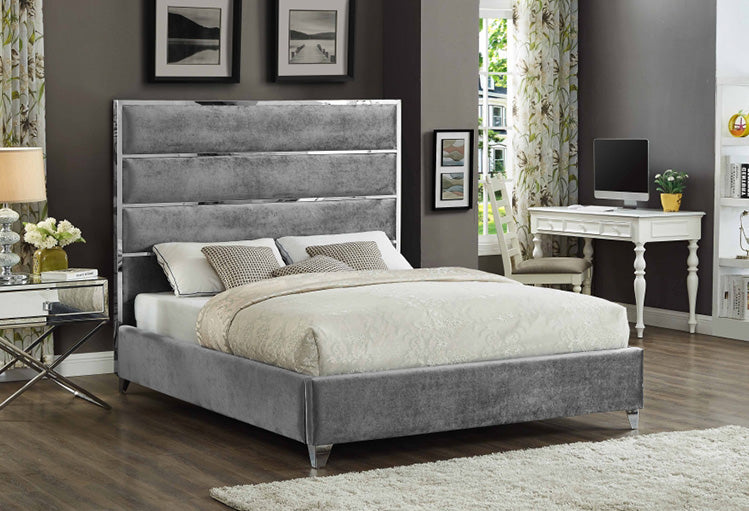 IF 5880 - Grey Velvet Bed Featuring a Chrome Channel Design