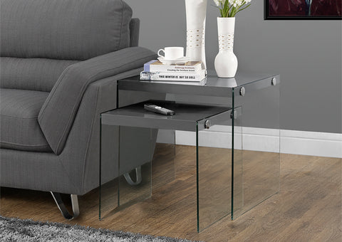 I 3293-NESTING TABLE - 2PCS SET / GLOSSY GREY / TEMPERED GLASS