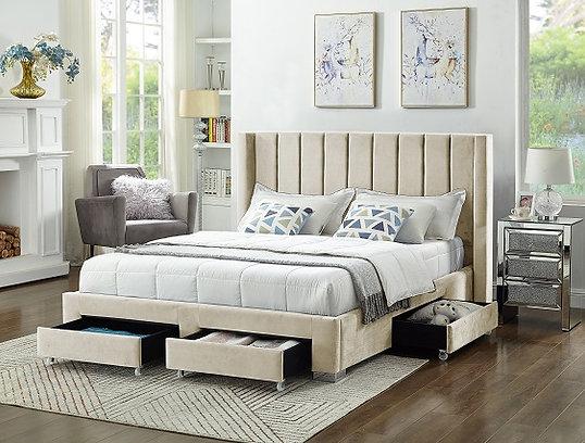 IF 5312 - King - Crème Velvet Fabric Wing Bed