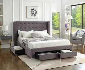 IF 5320 - Queen - Grey Velvet Fabric Wing Bed