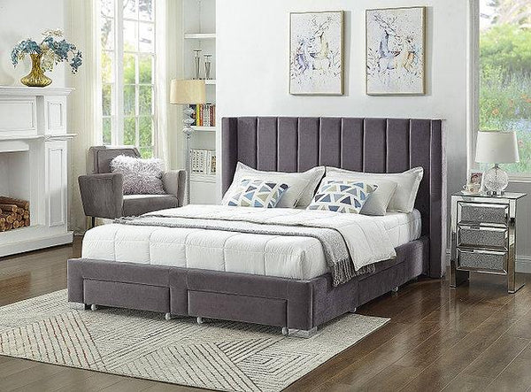 IF 5310 - King - Grey Velvet Fabric Wing Bed