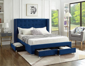 IF 5321 - Queen - Blue Velvet Fabric Wing Bed