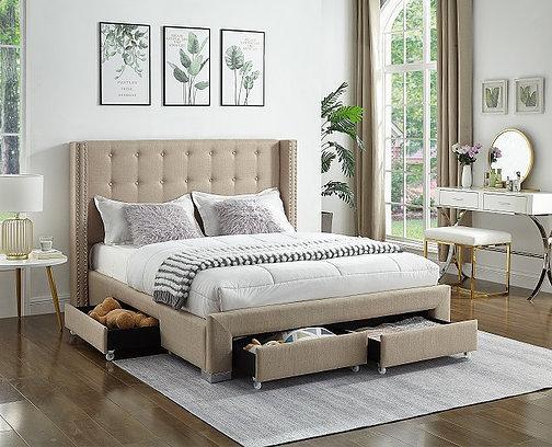 IF 5328 - Double - Beige Fabric Wing Bed with Nailhead Details