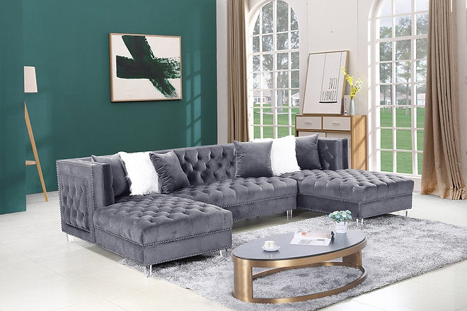 IF 9270 -  Grey Velvet Sofa Sectional with 2 Chairs