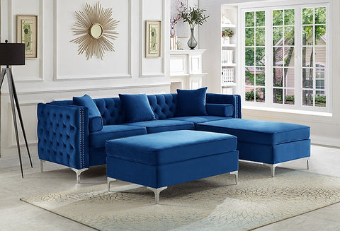 IF 9284 - IF 9285 - Blue Velvet Sofa Sectional and Ottoman
