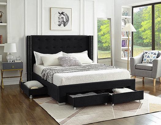 IF 5323 - Queen - Black Velvet Fabric Wing Bed