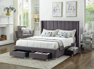 IF 5310 - King - Grey Velvet Fabric Wing Bed