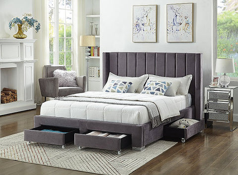 IF 5310 - Queen - Grey Velvet Fabric Wing Bed
