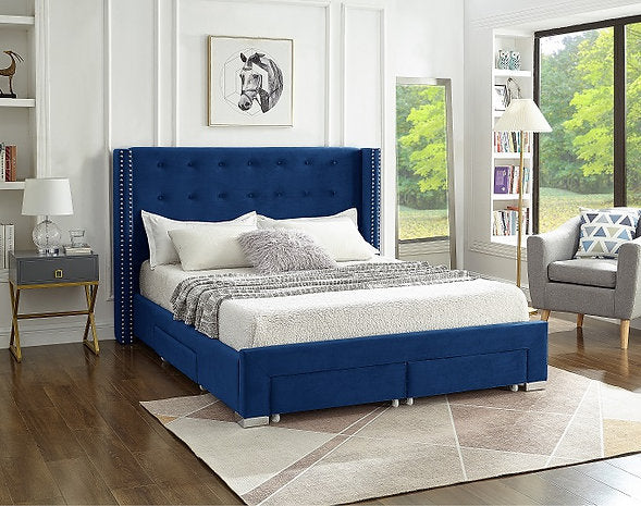 IF 5321 - King - Blue Velvet Fabric Wing Bed