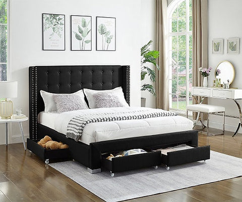 IF 5329 - Double - Black Fabric Wing Bed  with Nailhead Details