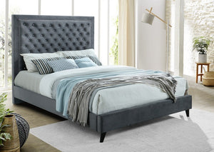 IF 5680 - Deep Upholstered Grey Bed - Queen / Grand Lit